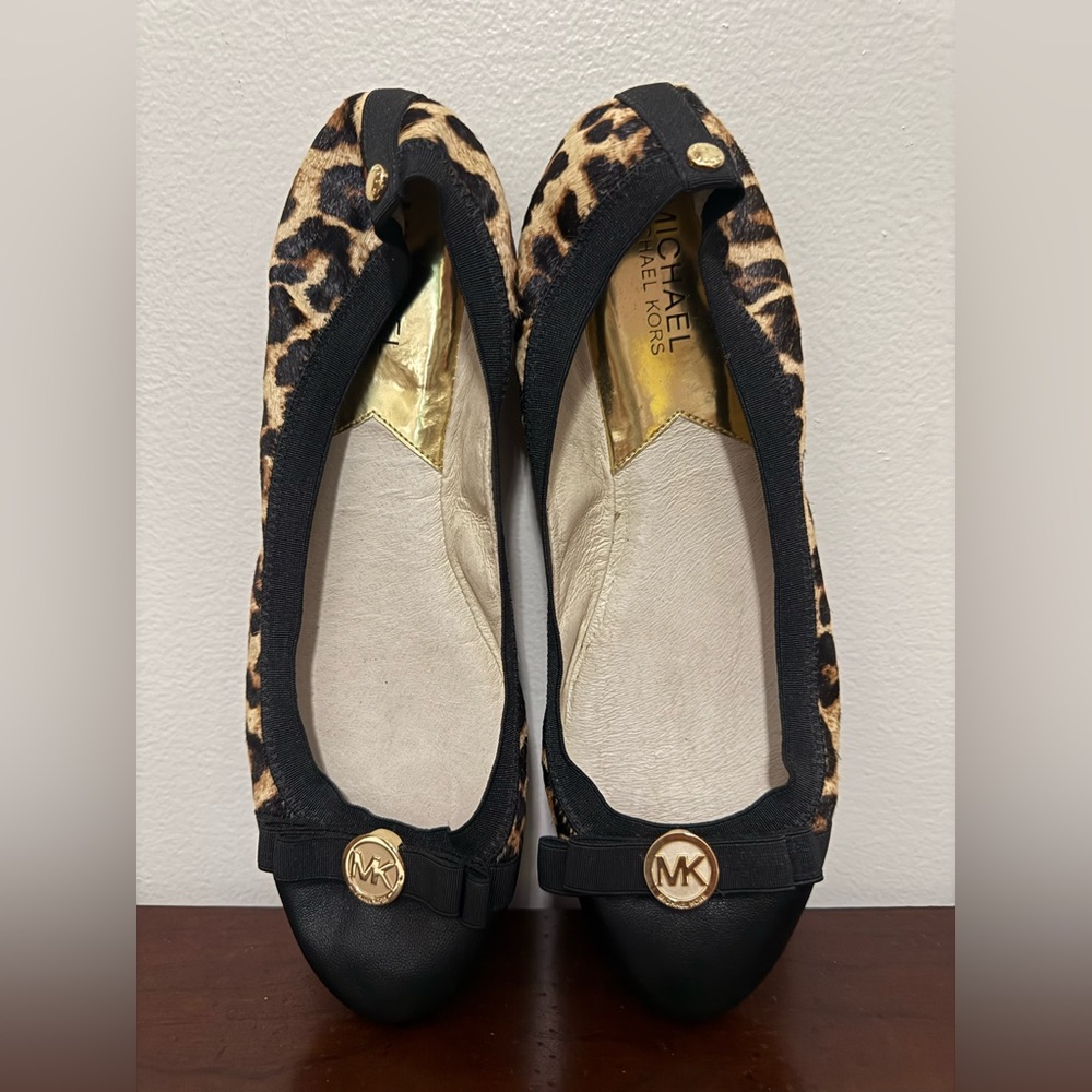 Michael Kors Animal Print Flats with Black and Gold Accents